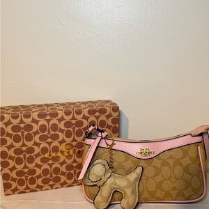 Coach Pink and Tan Signature Bag with Dog Charm